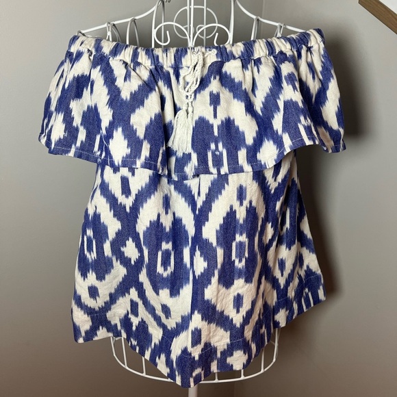 MADEWELL Balcony Off Shoulder Top Blue And White Ikat Cotton Drawstring Size XS - Picture 6 of 6